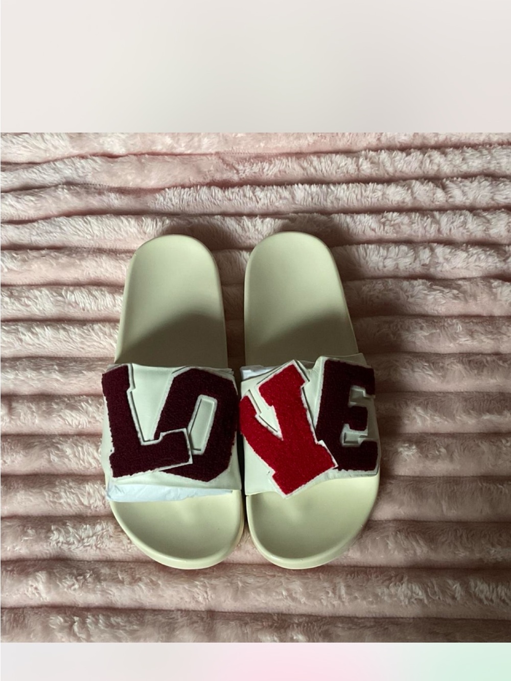 Tory Burch White Slide Sandals with Red and Maroon LOVE Appliqué